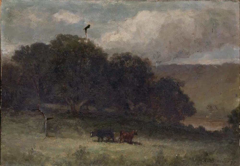 Untitled (landscape with trees and two cows in meadow) — Edward Mitchell Bannister