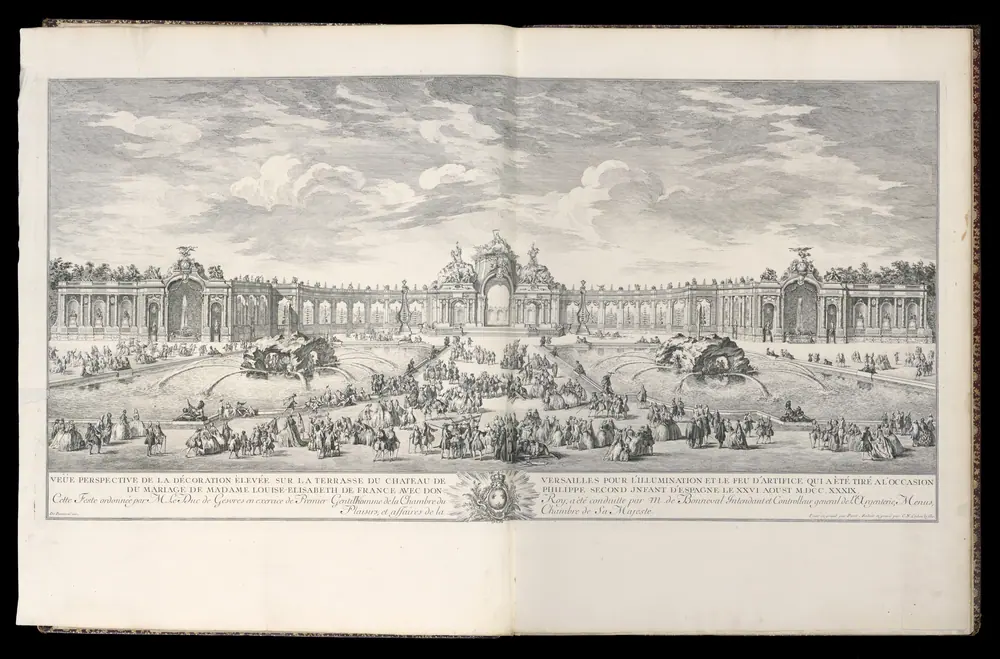Veüe perspective de la décoration élevée sur la terrasse du Château de Versailles pour l’illumination et le feu d’artifice qui a été tiré à l’occasion du mariage de Madame Louise-Elisabeth de France avec Don Philippe Second Jnfant d’Espagne le XXVI Aoust M.DCC. XXXIX. — Charles-Nicolas Cochin the younger